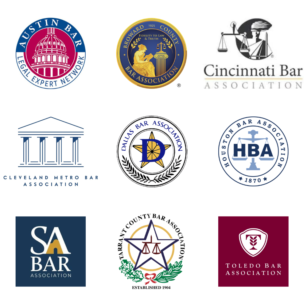 Austin Bar Association; Broward County Bar Association; Cincinnati Bar Association; Cleveland Bar Association; Dallas Bar Association; Houston Bar Association; San Antonio Bar Association; Tarrant County Bar Association; Toledo Bar Association